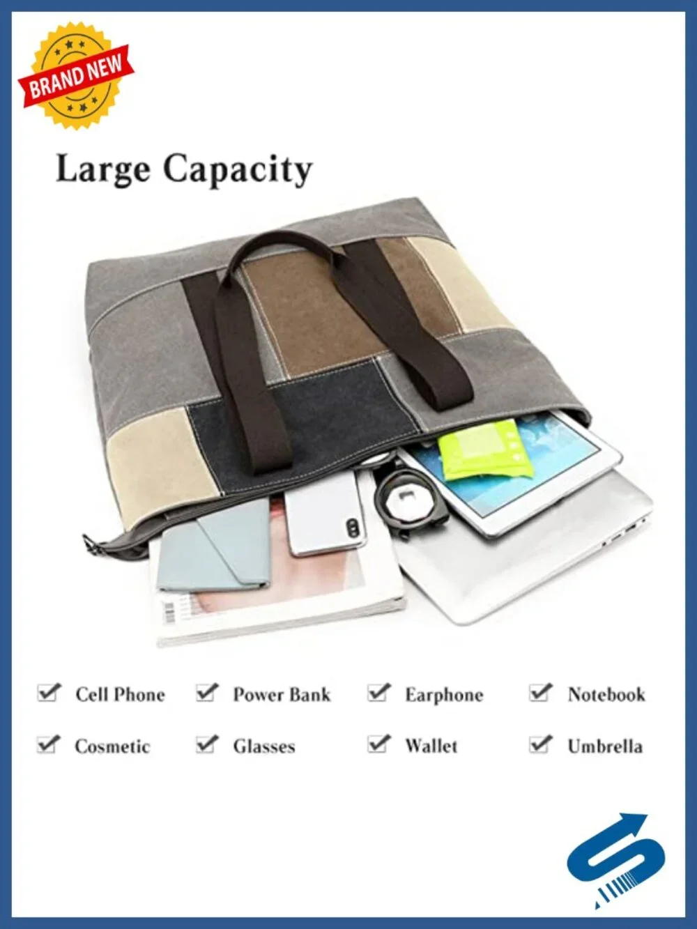 Canvas Tote Bag Patchwork Shoulder Bag Women's Large Capacity Handbag